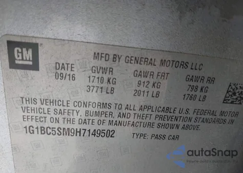 2017 Chevrolet Cruze Ls Auto from USA, damaged, VIN 1G1BC5SM9H7149502